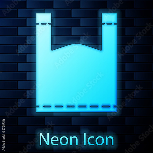 Glowing neon Plastic bag icon isolated on brick wall background. Disposable cellophane and polythene package prohibition sign. Vector Illustration