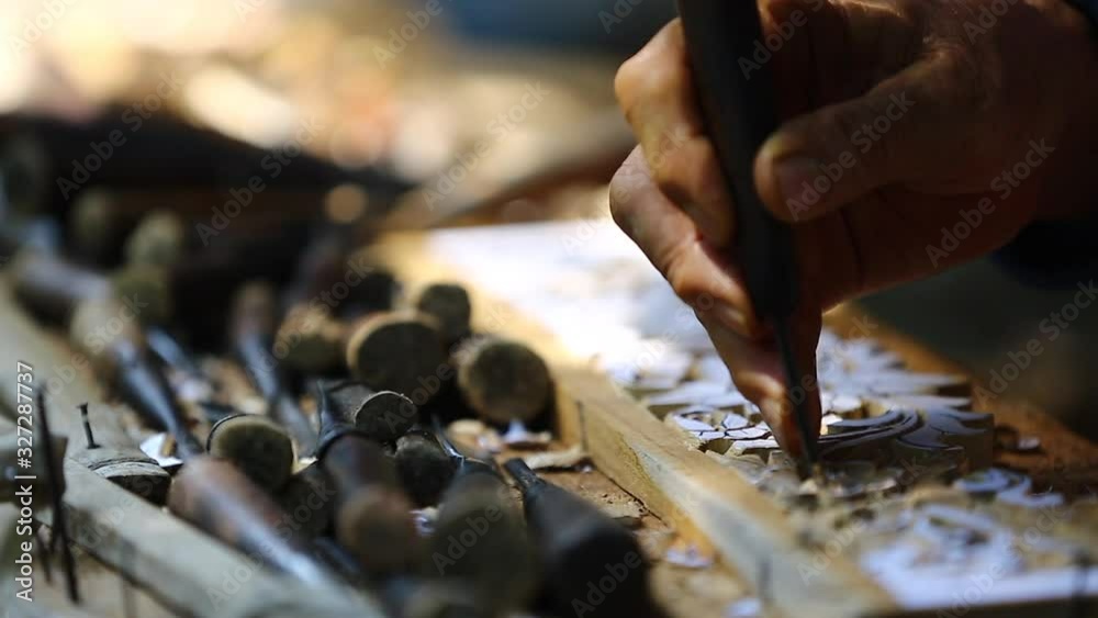 Close up Wood carving with hand Close up Wood carving with hand