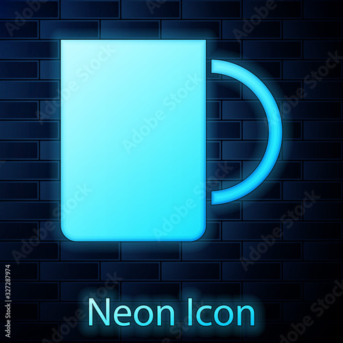 Glowing neon Coffee cup icon isolated on brick wall background. Tea cup. Hot drink coffee. Vector Illustration