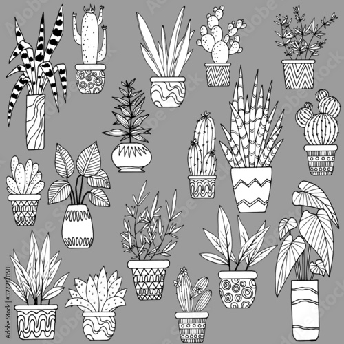 vector stock illustration, set of flowerpots in monochrome colors, isolate on gray background, book ornament