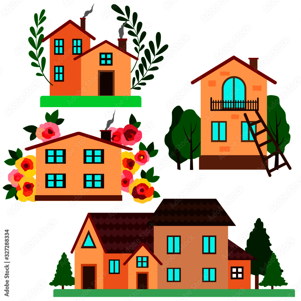 Vector illustration, set of cute houses, flowers and trees, bright bright colors, for design of leaflets, books, isolate on a white background