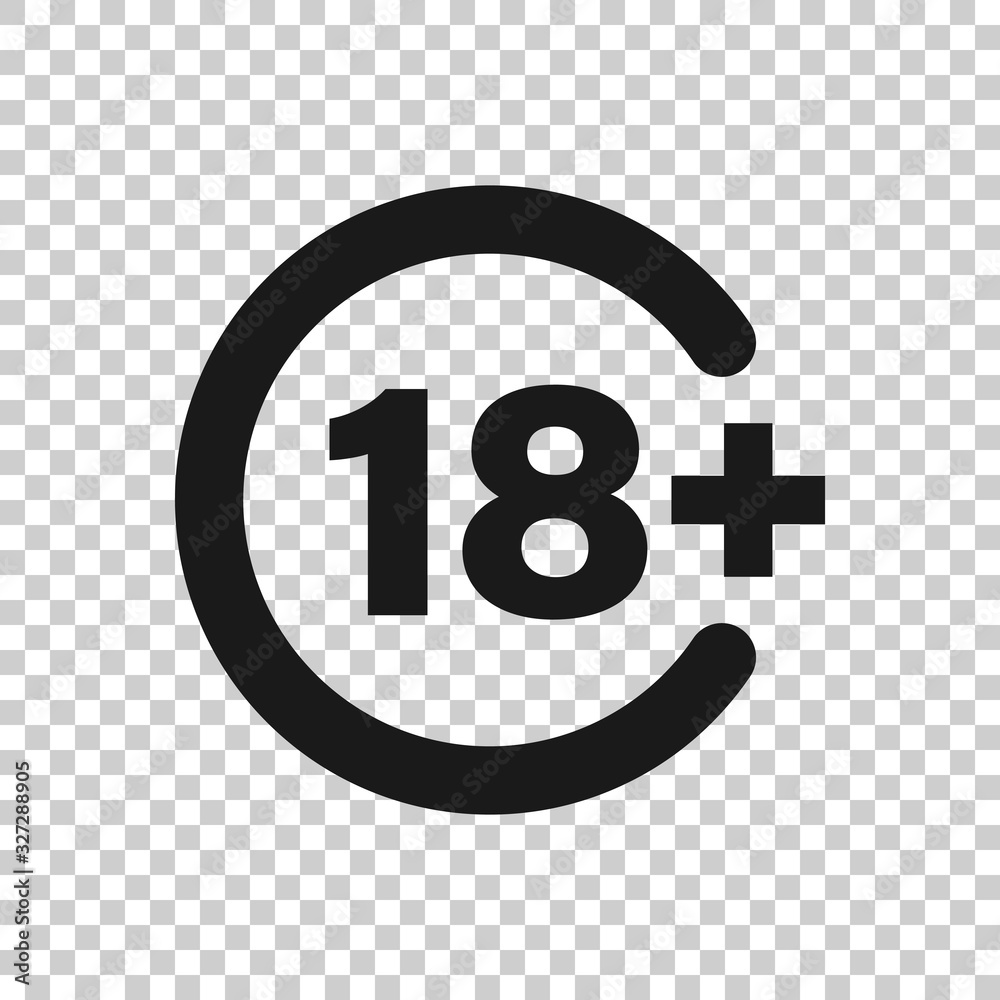 Eighteen plus icon in flat style. 18+ vector illustration on white isolated background. Censored business concept. Eighteen plus icon in flat style. 18+ vector illustration on white isolated background. Censored business concept.