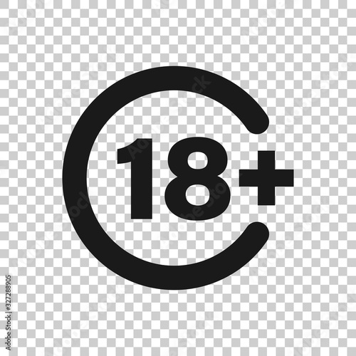 Eighteen plus icon in flat style. 18+ vector illustration on white isolated background. Censored business concept.
