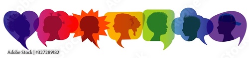 Silhouette group of modern children in rainbow colored profile. Communication between multi-ethnic children. Children talking. Speech bubble