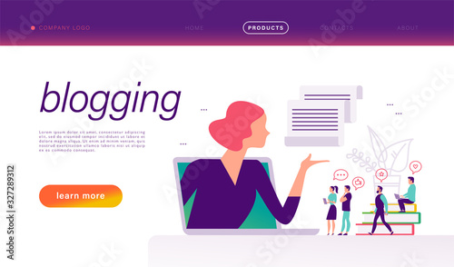 Blogging concept with tiny people, laptop and social media review and feedback icons. Landing page design template, web interface, mobile app. Vector flat illustration.