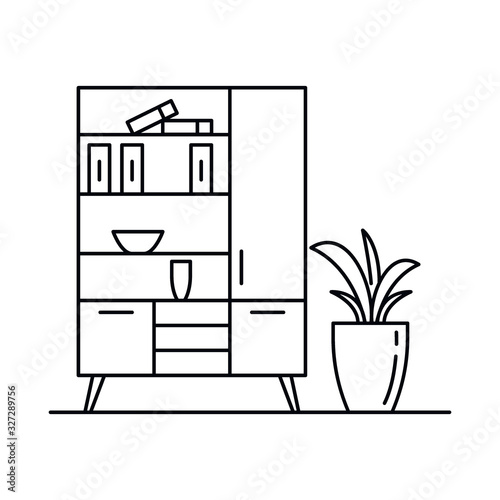 Interior with cupboard, books, chest of drawers, in outline style