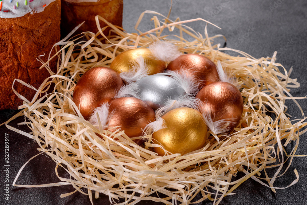 Easter golden eggs in the nest, preparation for the holiday Easter golden eggs in the nest, preparation for the holiday