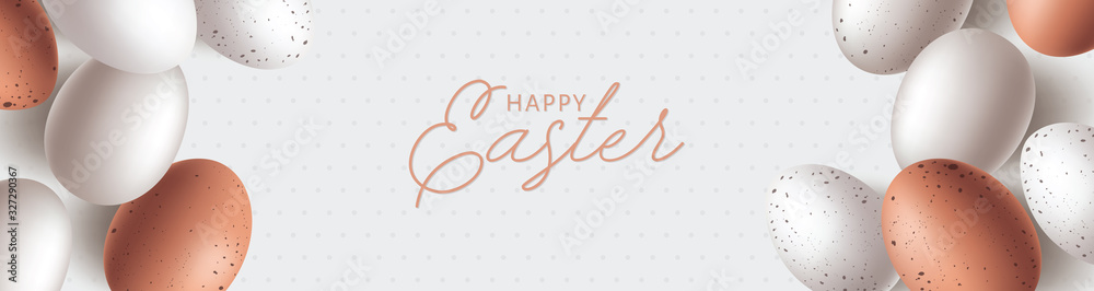 Happy Easter Greeting Background with Rustic Easter Eggs on white. White and Brown egg, chicken and quail Eggs 3d Vector Illustration