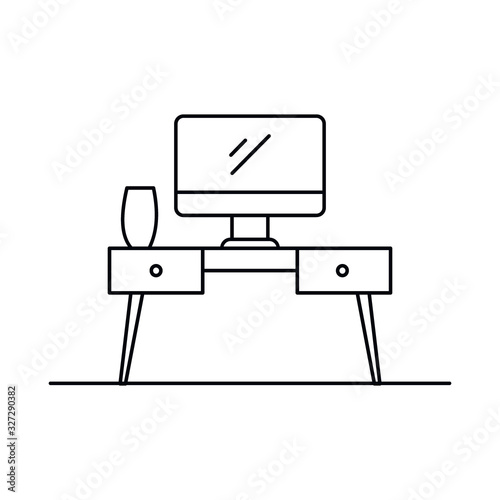 Interior with table, laptop, vase in outline style