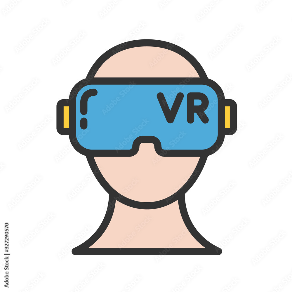 VR headset filled outline icon. Man in virtual reality glasses front view  color illustration. Virtual and augmented reality filled vector icon for  web, mobile app, ui design. Future technology concept vector de