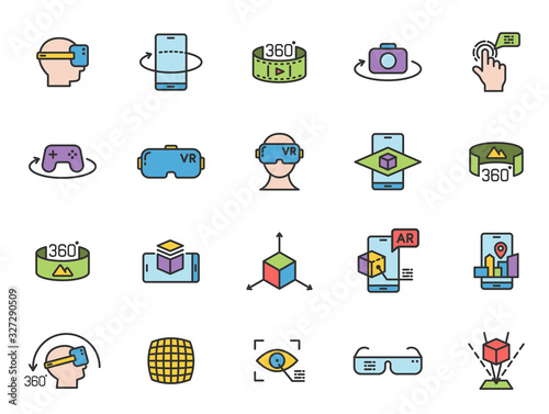 Augmented reality filled outline icon set. AR and VR two color line icons isolated on white background. Virtual and augmented reality vector illustrations for web, mobile app, ui design and print.