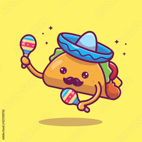 Taco Mustache Mascot Cartoon Vector Icon Illustration. Cute Taco Character And Maraca. Food Icon Concept White Isolated. Flat Cartoon Style Suitable for Web Landing Page, Banner, Flyer, Sticker, Card