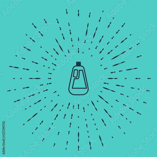Black line Plastic bottle for liquid laundry detergent, bleach, dishwashing liquid icon isolated on green background. Abstract circle random dots. Vector Illustration