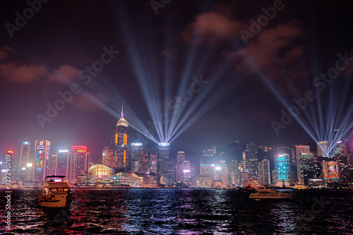 Photography Nightscape and Skyline of Urban Architecture in Hong Kong.