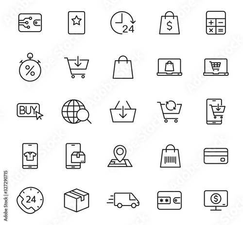 E shopping outline vector icons isolated on white background. E shopping commercial business line icon set for web, mobile apps, ui design and print products