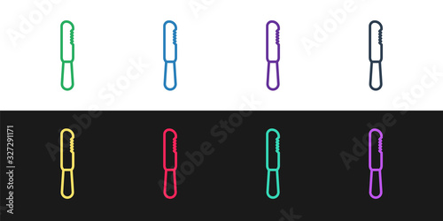 Set line Disposable plastic knife icon isolated on black and white background. Vector Illustration