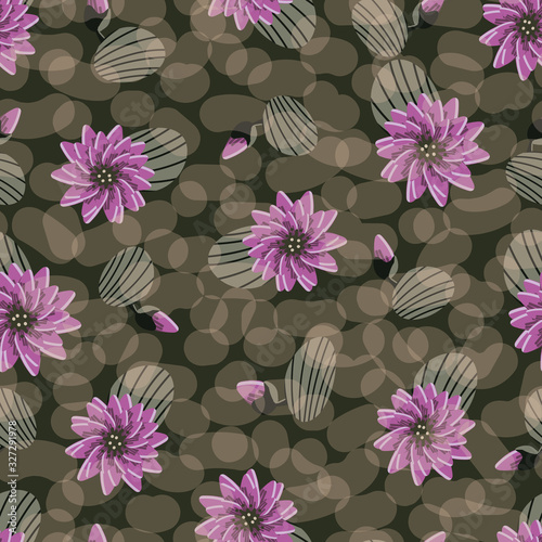 Lotus flower seamless vector pattern in moody colors. Floral surface print design. National flower of India and Vietnam. Great for fabrics, stationery and packaging.