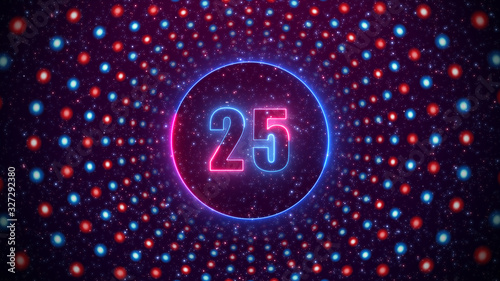 Number 25 Neon Light Style Inside Red And Blue Dotted Line Circles Tunnel Against Dark Red Purple Glitter Starry Sky Background
