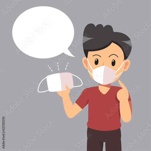 Air pollution concept man wearing protective face mask and white speech bubble for design.
