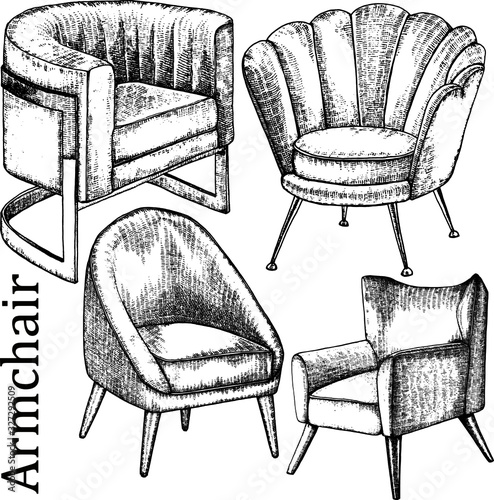 Armchair interior art deco modern style hand drawing