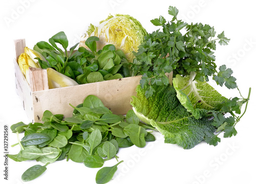 group of green  leaf of spinack, parsley, cabbage and other fresh vegetables in  crate photo