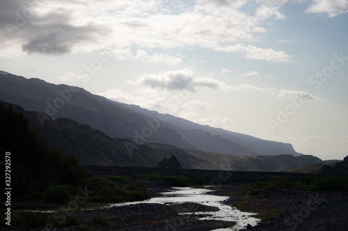 Scenic view Of Mountain Among Snowy Mountains nearby river in Thorsmork  Iceland