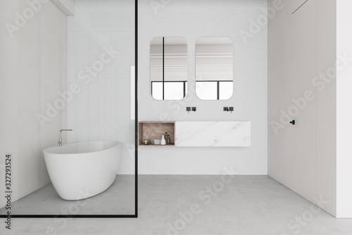 White and glass bathroom interior with marble sink