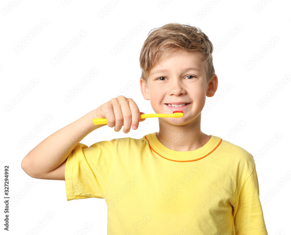 Cute little boy with toothbrush on white background Cute little boy with toothbrush on white background