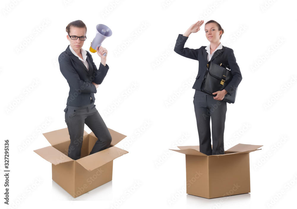 Woman businesswoman with loudspeaker inthe box Woman businesswoman with loudspeaker inthe box