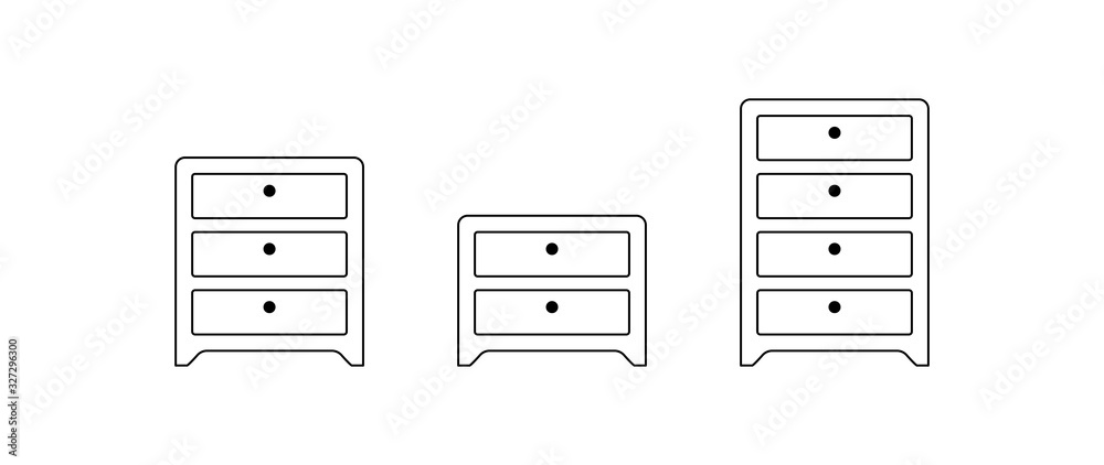 Chest of drawers vector icon set. Bedside, commode logo collection. Nightstand, Drawer chest line outline flat design Chest of drawers vector icon set. Bedside, commode logo collection. Nightstand, Drawer chest line outline flat design