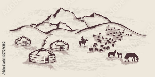 Sketch on the topic of life in Central Asia. Nomads life, yurts in the mountains, cattle graze. photo