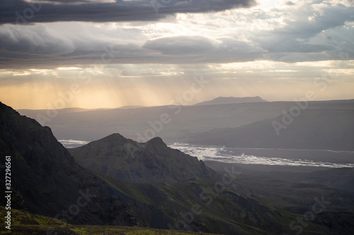 Canyon and Mountain peak during dramatic and colorful sunset on the Fimmvorduhals Hiking trail near Thorsmork © Hladchenko Viktor