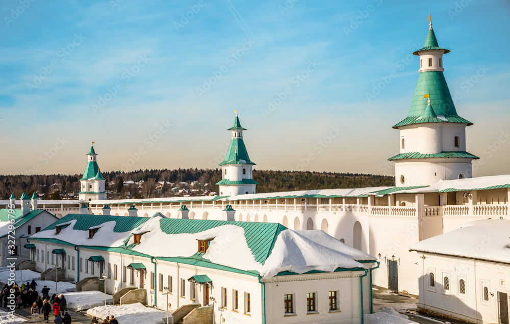 Obraz premium Inner yard of New Jerusalem Monastery with fortified walls and towers, Istra, Moscow region, Russia