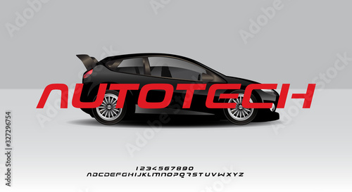Autotech, a bold modern sporty typography alphabet font, on a car background vector illustration design