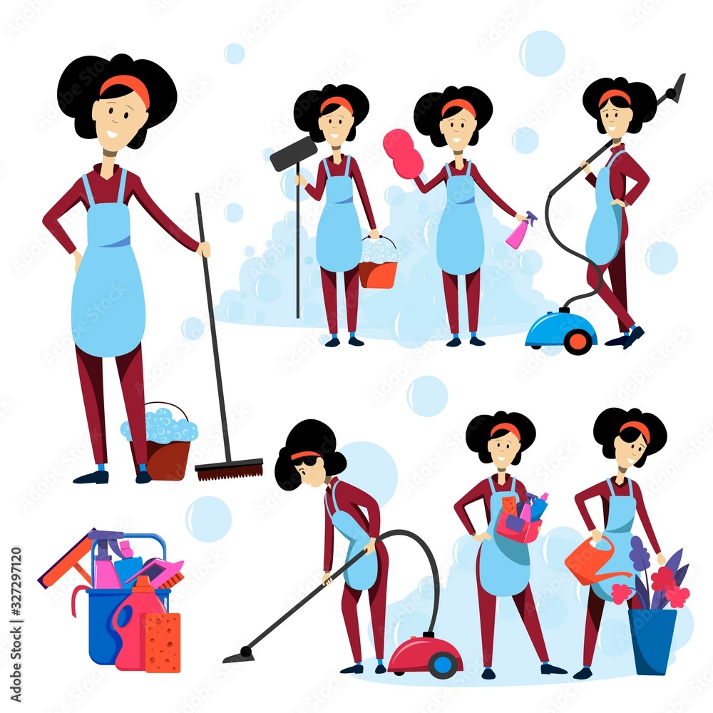 Set of cleaning girls performing different cleaning tasks. Flat vector illustration. Set of cleaning girls performing different cleaning tasks. Flat vector illustration.