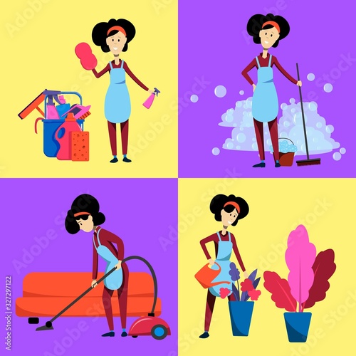 A set of cleaning girls, maids cleaning with a vacuum cleaner, dusting, standing on the background of soapy foam. Cleaning company advertisement. Flat vector illustration.
