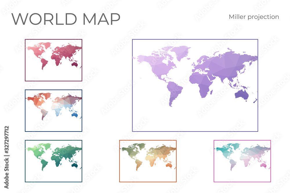 Fototapeta premium Low Poly World Map Set. Miller cylindrical projection. Collection of the world maps in geometric style. Vector illustration.