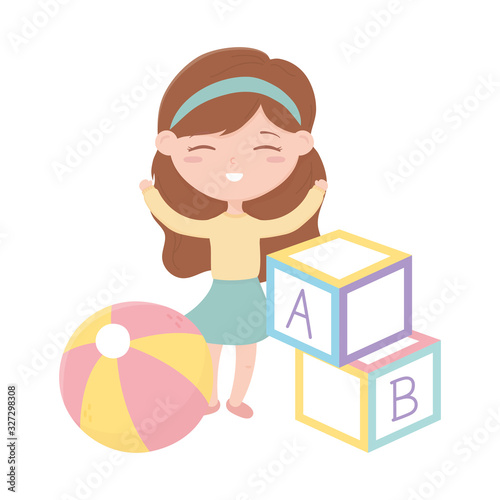 kids zone, cute little girl with abc bocks and ball toys