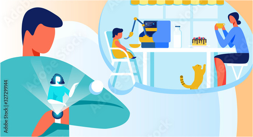 Man Using Wireless Technologies. Guy Looking at Smart Watch. Female Projection Report that Robotic Babysitter Feeding Baby, Wife Drinking Tea. Remote Control Home Activities Vector Illustration