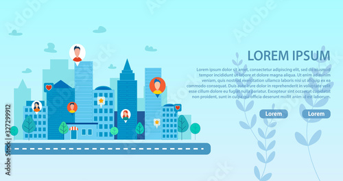 Landing Page with Smart City and People Community. Social Media Network Connecting Man and Woman from Different Buildings. Virtual Communication. Human Avatar. Vector Flat Cartoon Illustration