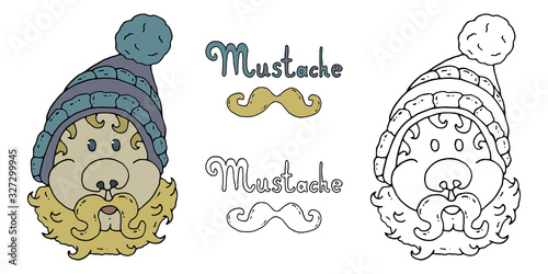 Kind bearded blond original cartoon character in a bright striped knitted hat. Coloring book for children with an example.