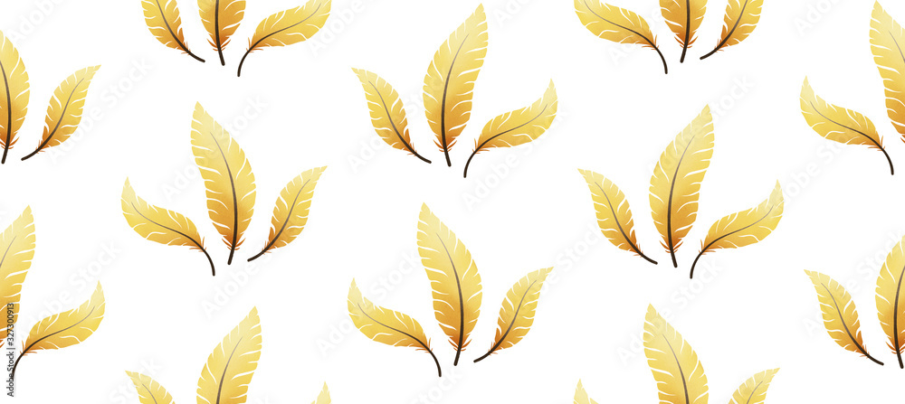 Feathers pattern, gouache painted Easter feathers seamless spring pattern in yellow, orange and white