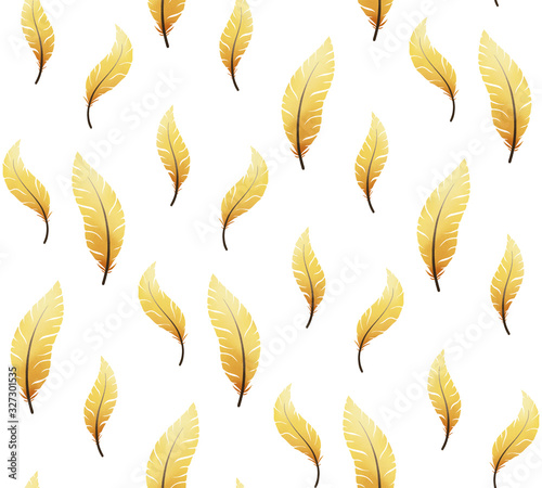 Feathers pattern, gouache painted Easter feathers seamless spring pattern in yellow, orange and white