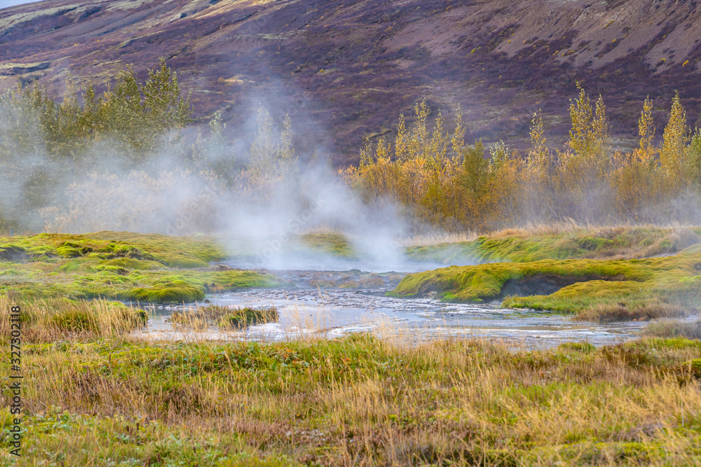 Geysir Golden Circle in Iceland geothermal hot springs muddy hot landscape Geysir Golden Circle in Iceland geothermal hot springs muddy hot landscape