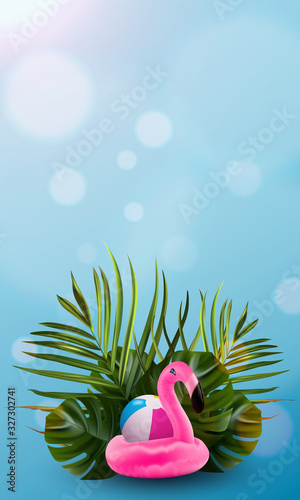 Tropical forest. Jungle background flower and palm. Flamingo banner. Vector floral illustration. Colorful tropical forest banner.