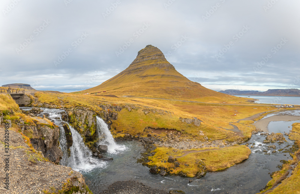 Kirkjufell in Iceland Kirkjufellsfoss waterfall panorama of fall and famous mountain