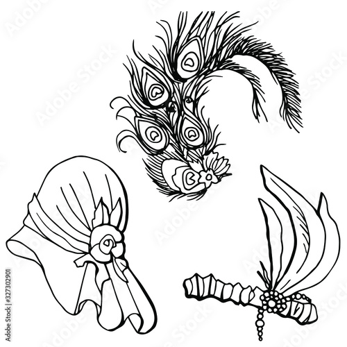 Female hats. A hat with a flower, a bandage with a Cabaret feather, a gatsby-style hat of 1920. art deco style. Line art style. Stock illustration. Isolated white.