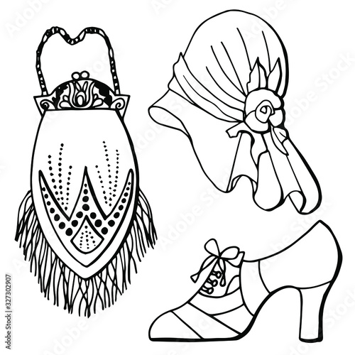 Headgear, handbag and shoes of 1920. Female set of accessories. Art Deco. Line art. Stock illustration. Isolated over white background.