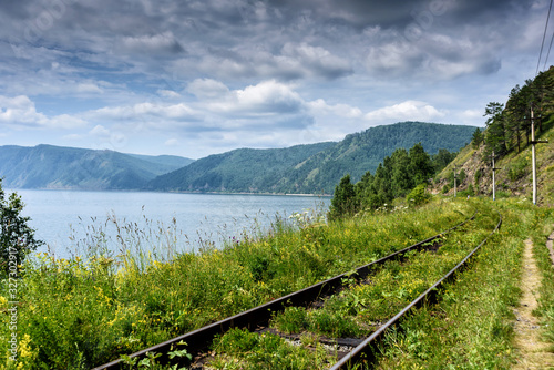 Circum-Baikal railroad on the coast of Lake Baikal. photo