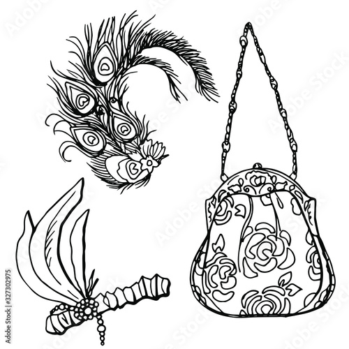 Women's feather head jewelry and handbag 1920s . Art Deco. Line art. Stock illustration. Isolated over white background.